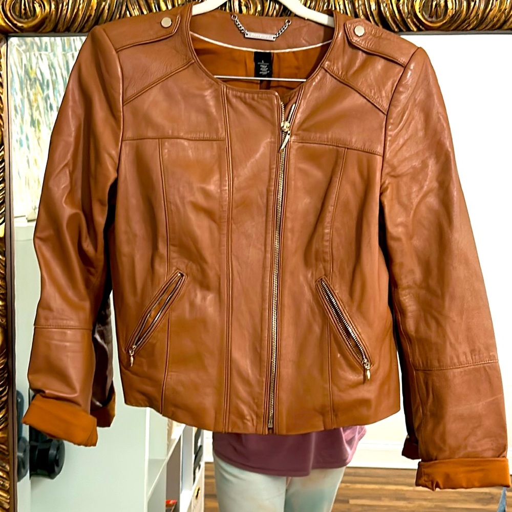 COPY - Cinnamon colored leather jacket is buttery soft, but needs repair.
